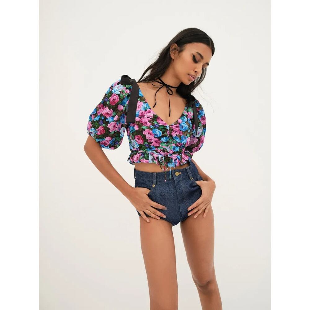 For Love & Lemons Maggie Floral V-Neck Crop Top - M - Picture 3 of 4